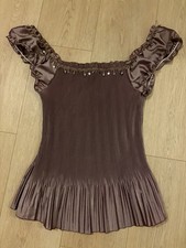 Piano Brown Pleated Ruffle Square Neck Puff S...