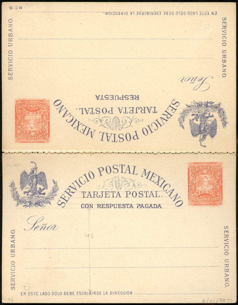 MEXICO 1897 2¢+2¢ PERF 6 REPLY PSC UNUSED PC85