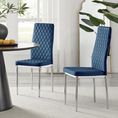 **Seconds** Set of 4 Milan Navy Hatched Velvet Dining Chairs Silver Legs - Image 1 of 4