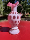 Vintage Fenton Opalescent Cranberry Coin Dot Ruffle Vase / Pitcher / Ewer