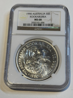 #ad 1990 Australia Kookaburra 999 Silver 1 oz NGC MS68 Bullion $5 Coin $150.00
