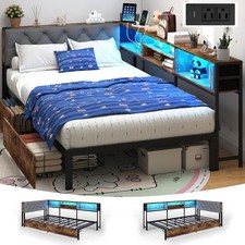 Twin XL Corner Bed Frame with 2 Storage Drawers and Bookself & Charging Station