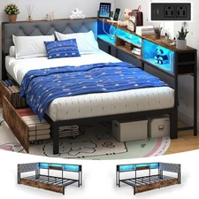 Twin XL Corner Bed Frame with 2 Storage Drawers and Bookself & Charging Station