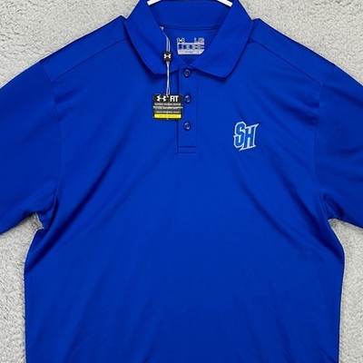 Seaton Hall Mens Golf Polo Shirt Large Blue Loose Rugby Logo Under Armour NEW