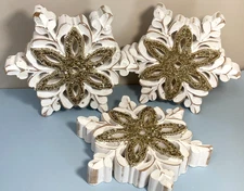 Rustic Wood Snowflakes Set of 3 White/Gold Glittery 8" Christmas Decor Vintage