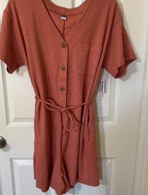 OLD NAVY Crosshatch Short Sleeve V Neck Romper In Light orange  Size L Tall NWT