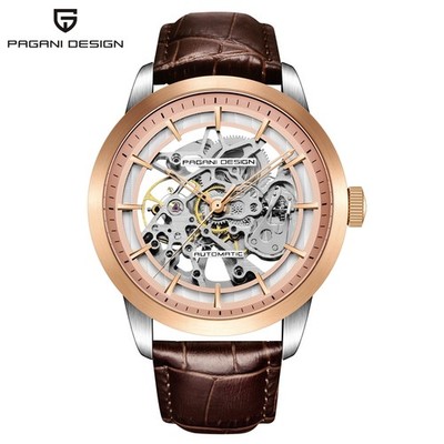 PAGANI DESIGN Men's 43mm Skeleton Automatic Leather Strap Steel Case Watch Gift
