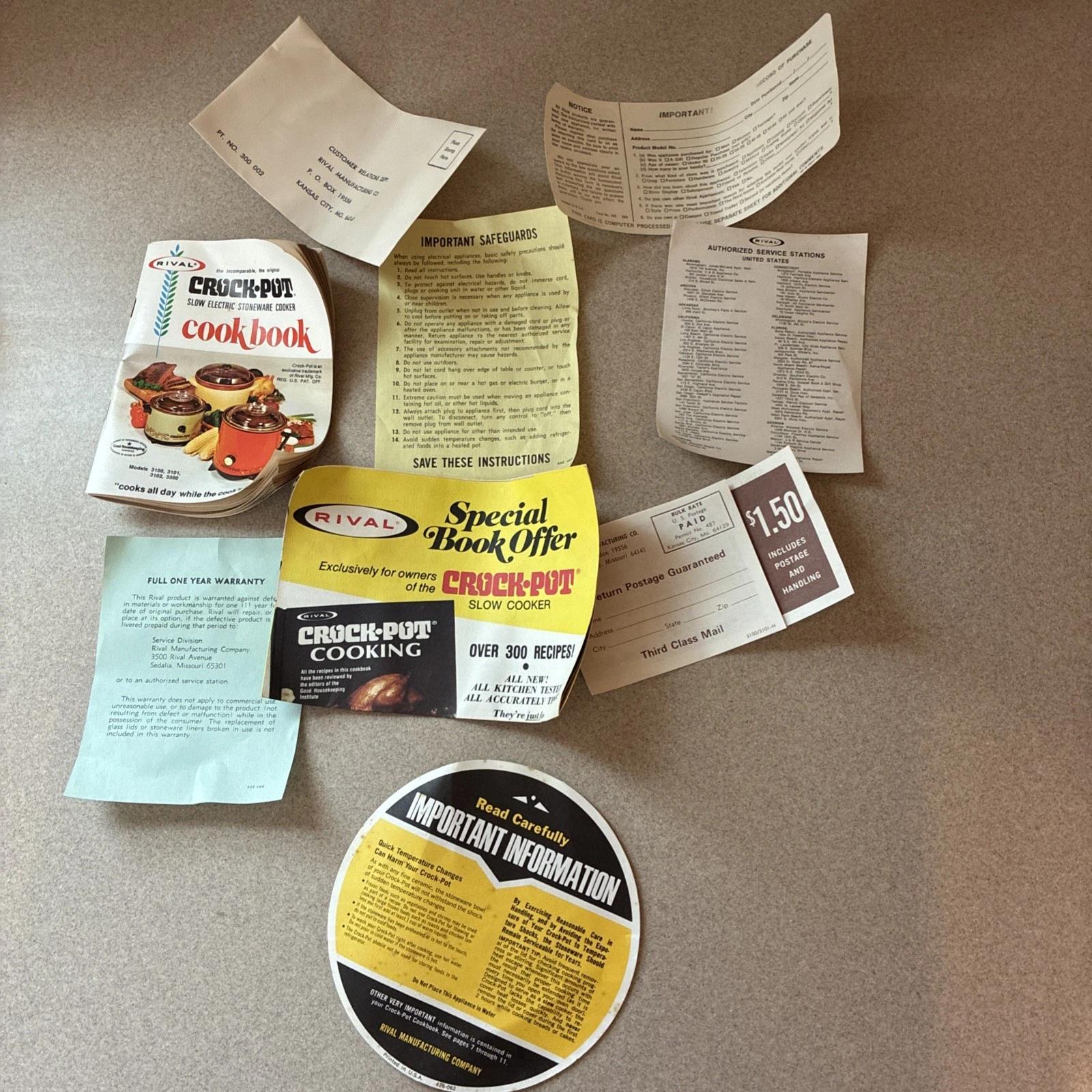 Original Vintage Rival Crock Pot 3101/2 Cookbook and paperwork lot