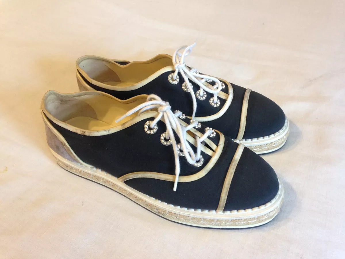 CHANEL NAVY / GREY CANVAS/SUEDE LACE-UP ESPADRILLES SNEAKERS SIZE 36