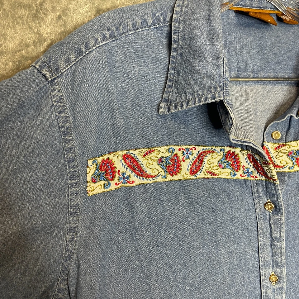 Vtg Women 90s Embroidered Paisley Western Chambray Denim Button Front Shirt XL - Image 3 of 4