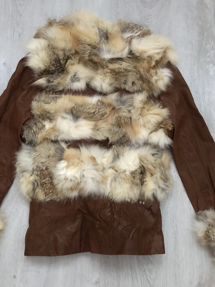 Womens Brown Real Leather and Real Fur Jacket Coat Size XXS/XS UK 4/6 New - Image 4 of 4