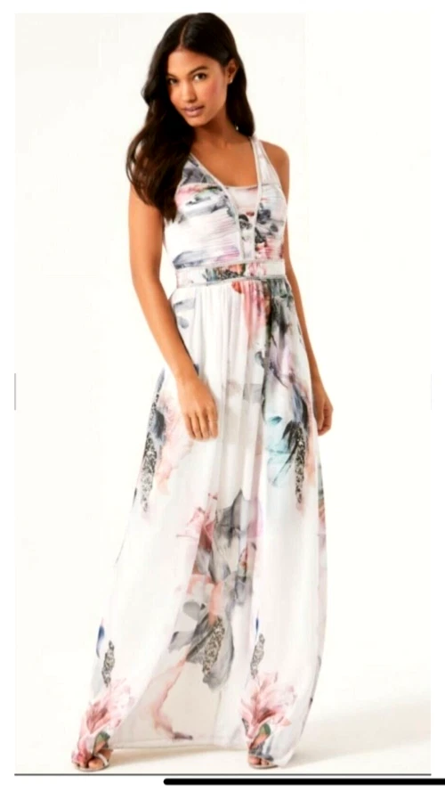 Маленькая хозяйка размер 14 белый цветочный шифоновое бисером с подкладкой макси платье - Изображение 2 из 4