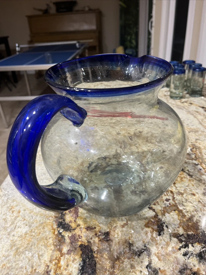 "Enorme jarra vintage mexicana de vidrio soplado a mano borde azul agua 8"" X 8""" Foto 3 de 4