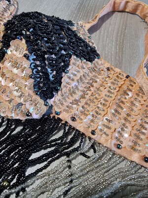 Costume Danse Du Ventre Oriental Vintage - Perles Et Sequins - Beige/Rose/Noir