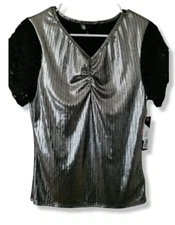 Lularoe Silver Foil Elegant Mary Small Cinched V Neck Lace Tulip Sleeves NEW HTF