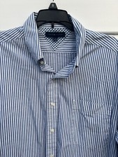 TOMMY HILFIGER Mens Regular Fit Dress Shirt Blue Striped Long Sleeve Sz 17 32/33