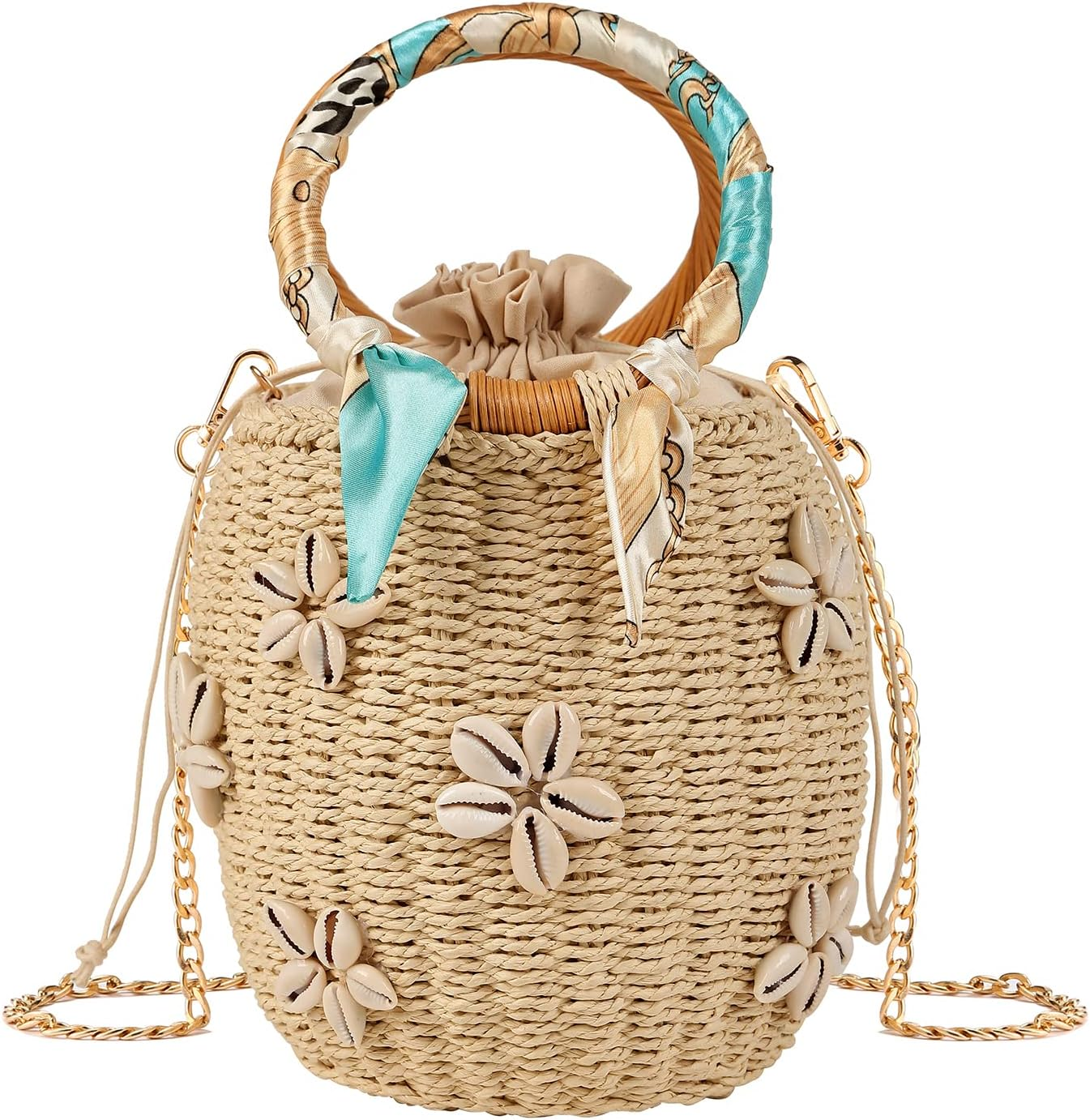 Pearl Flower Straw Woven Tote Bag Summer Beach Rattan Handle Bucket Bag Straw Pu