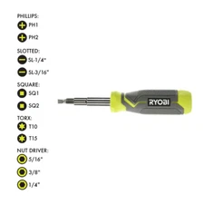 NEW Ryobi Multi-Bit 11in1 Screwdriver Cushion Grip Handle Bits and Nut Drivers