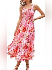 NEW Grace Karin Pink & Red Floral Midi Women's Sundress with Ruffle Hem Size S