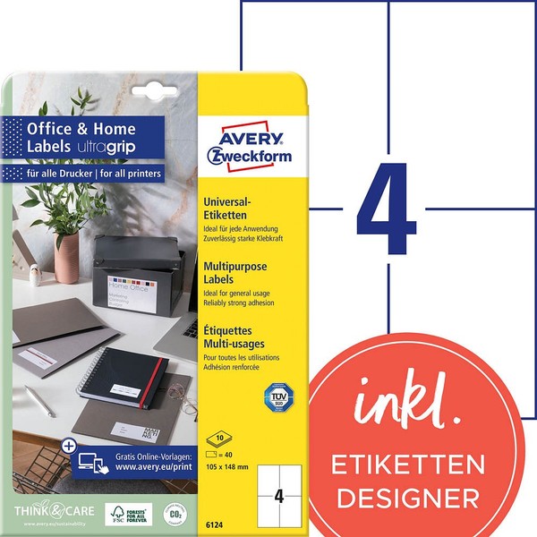 Avery Zweckform Etiketten 6124 Weiß 105,0 X 148,0 Mm, 10 Blatt-image