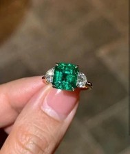 3 Ct Emerald Cut Natural Emerald Diamond 3 stone Engagement Ring 14k Yellow Gold