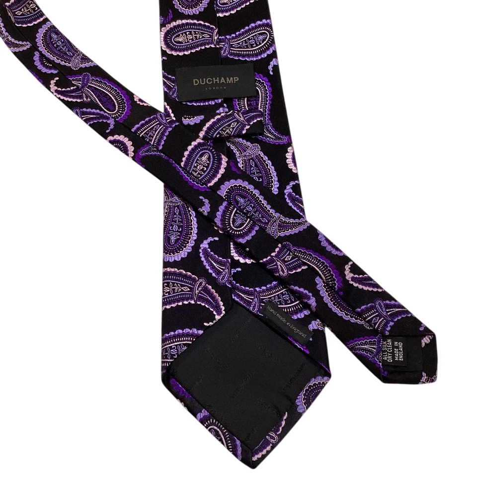 Corbata de hombre DUCHAMP 100 % seda INGLATERRA lujo PAISLEY negra/púrpura/rosa usada en excelente estado Foto 3 de 3