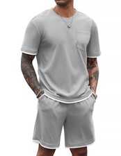 Men's Waffle Shirt and Shorts Set 2 Piece Outfits Casual Summer Tracksuits Se...