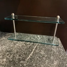 2 Tier Glass Shelf Bathroom MCM Style Silver Trim Heavy Duty 16x7” Wall Mount