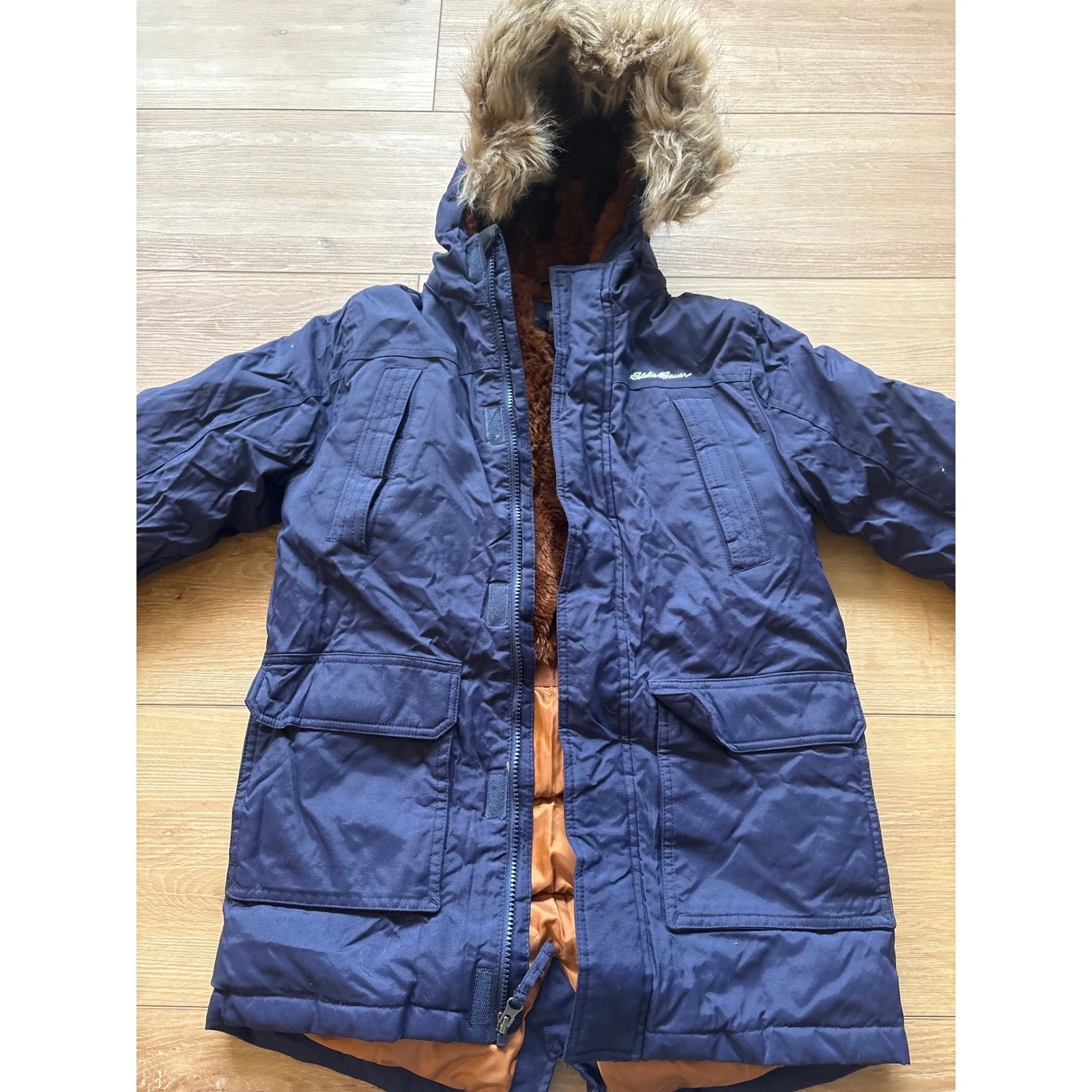 Eddie Bauer Kids Navy duck Down Fill Parka Faux Fur Hood Jacket sz Medium 10/12
Opens in a new windo