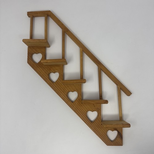 Wooden Floating 5 Stair Step Shelf Wood Curio Cut Out Hearts Cottage Grannycore
