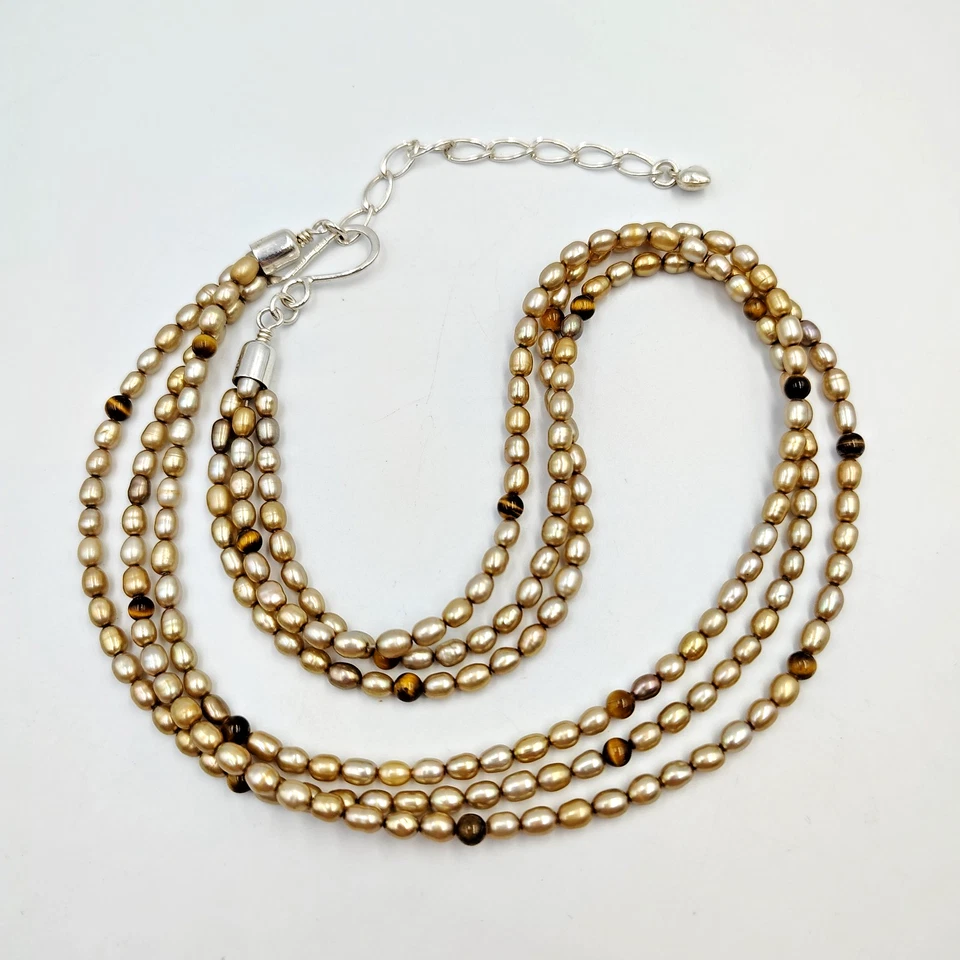 Collar Jay King Desert Rose Trading Perla y Ojos de Tigre 3 Hilos Cuentas 20" Foto 2 de 4