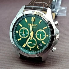Seiko Selection SBTR017 Green Gold Dial Chronograph Quartz Watch 41mm Brown Band