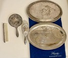 Vintage Silverplate Vanity 3-pcs Set Ornate Embossed Comb Brush Mirror 1950's — photo 4