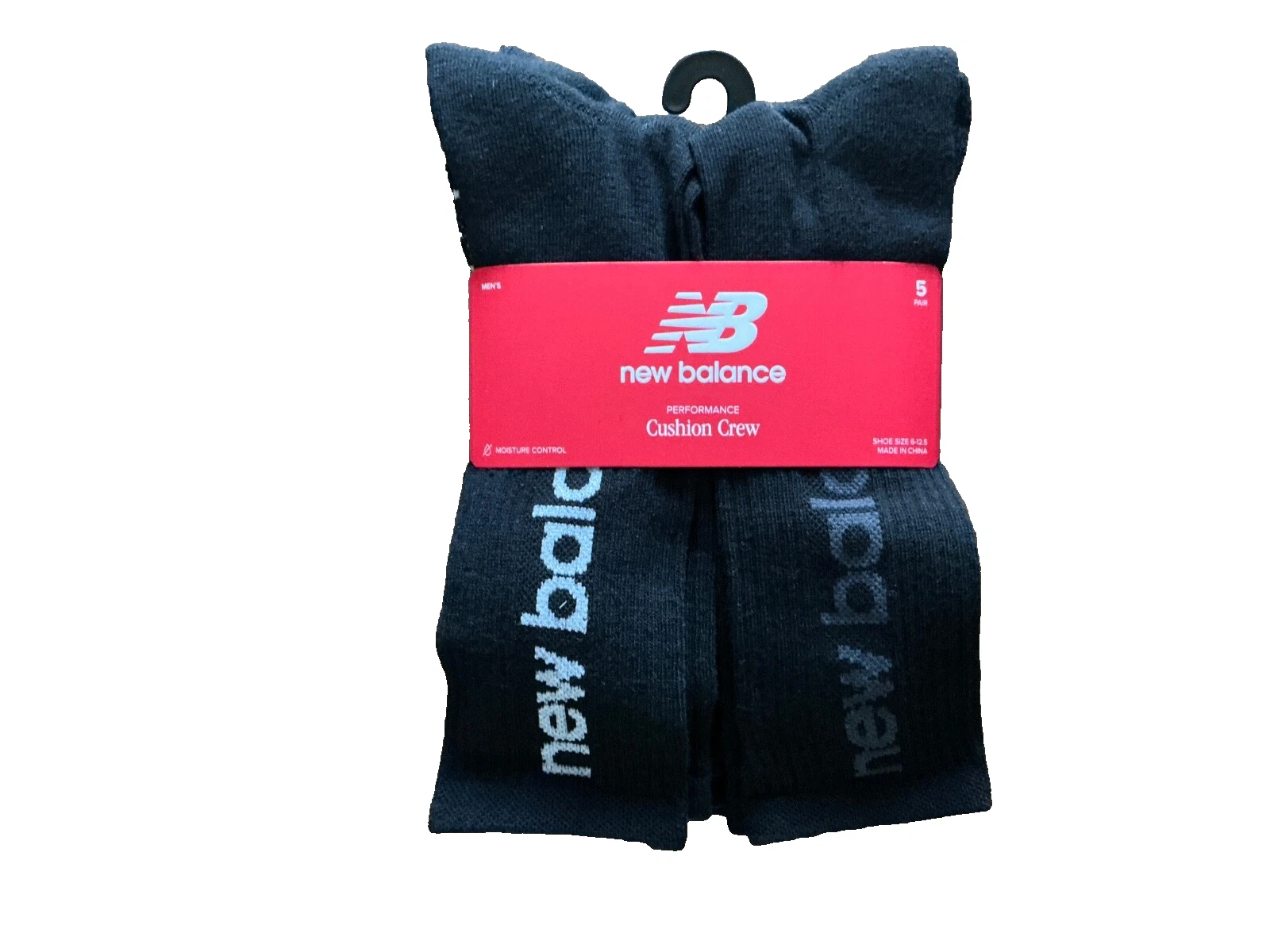NEW BALANCE 5 Pair Black Performance Cushion CREW SOCKS Mens SIZE 6 - 12.5 NEW