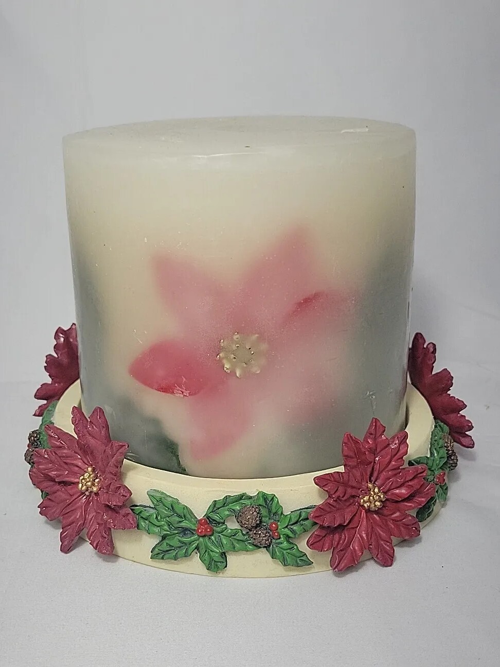 🌺Christmas Holiday Poinsettia 3-Wick Candle W/Candle Holder-Base UNSCENTED 