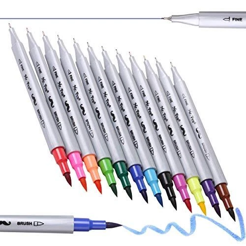 12 Colors Dual Tip Brush Pens Brush Markers for Kids Adults