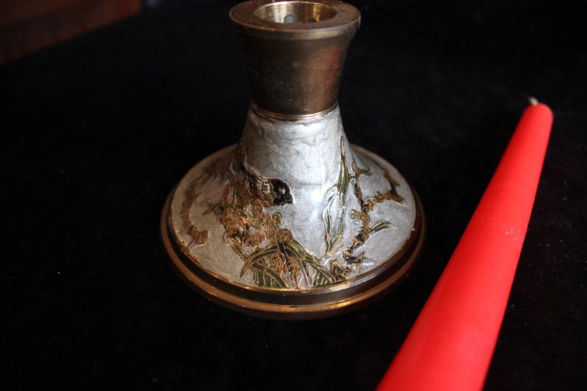 Vintage Kerzenständer mit 1 Kerze aus Messing mit Emaille