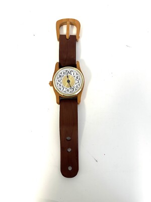 Vintage Large 15'' Long Wooden Wrist Watch Wall Clock - Gold Arabic Face