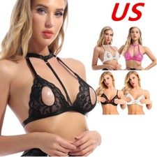 Womens Lace Bra Nipple Open Bralette Wire-free Bare Lingerie Crop Top Bustier