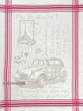 French Kitchen Dish/Tea Towel Jacquard Postcard Citroen 2CV - Made in France
