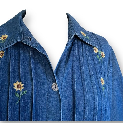 La Cera Womens Denim Dress Sz XL Blue Embroidered Sunflower Floral Modest Midi - Picture 6 of 9