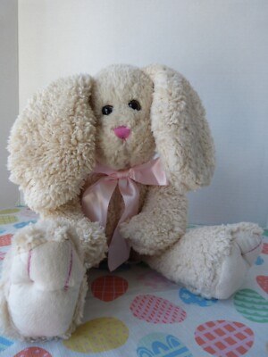 Wooly Bunny Plush Stuffed Animal Beige Pink Nose Bow Floppy Ear Animal Adventure