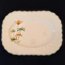Sebring Fluted Platter Meat Plate VTG Ivory Porcelain Yellow Flower Green Rim