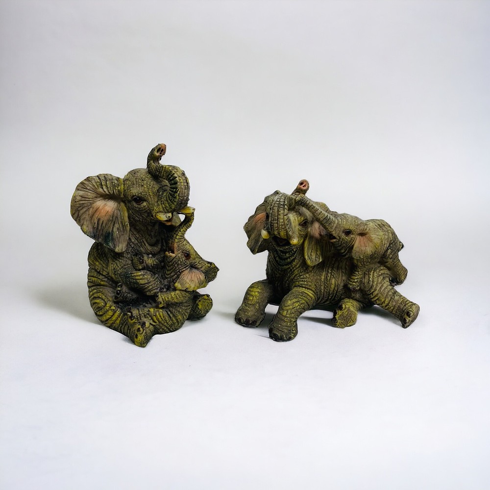 2 Elephants w/ Baby Calves Figurines 3'  Plastic Wild Life Collection