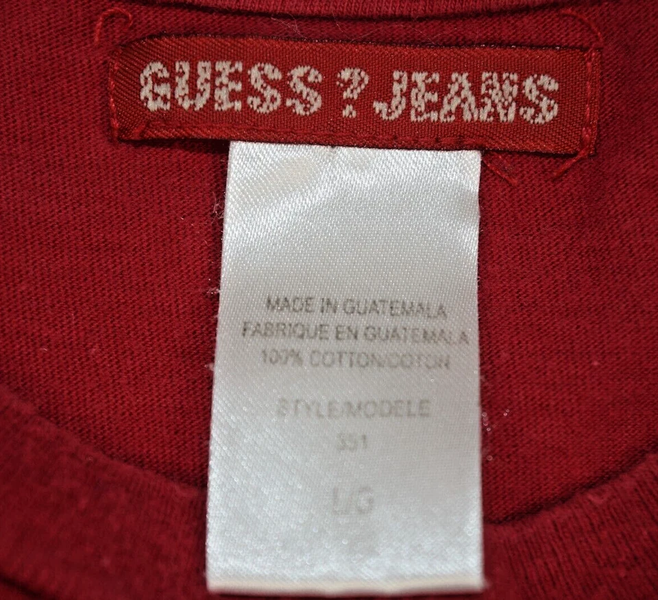 Camiseta Vintage Guess Jeans Talla M/L80s 90s Rojo Carmín Guess Detalle Delantero Trasero Foto 4 de 4