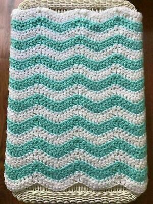 Crochet Handmade Baby Blanket Afghan Stroller Car Seat Chevron Bulky Aqua 30x30