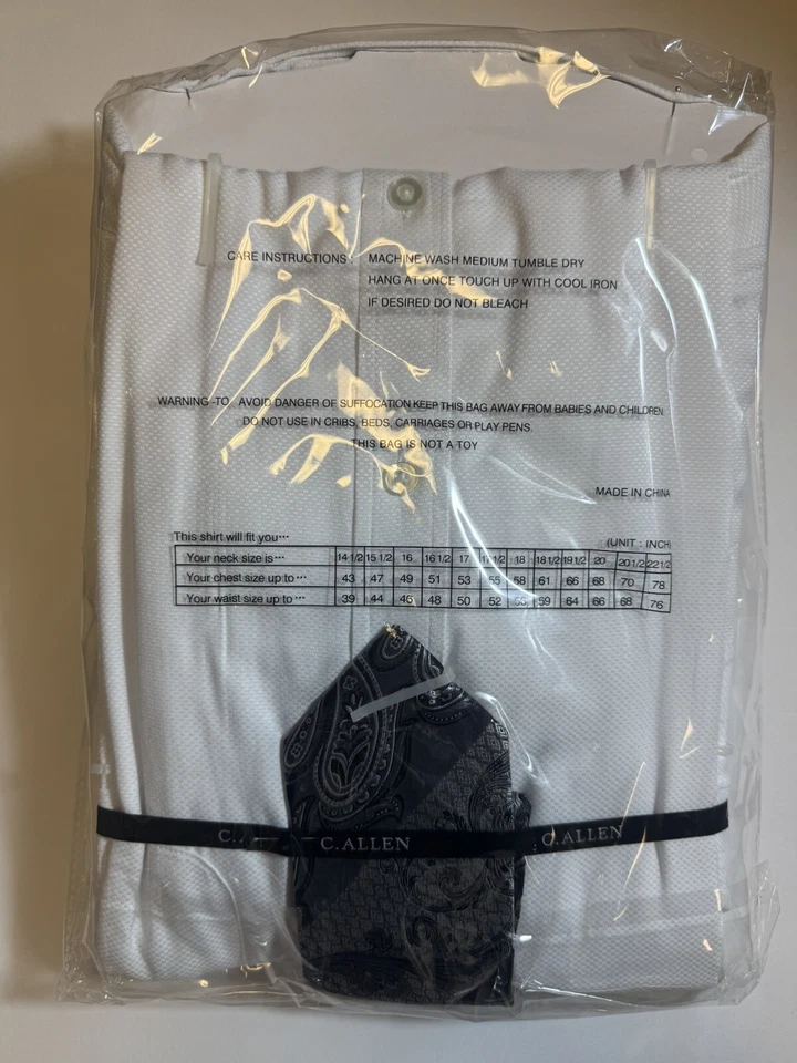 Camisa de vestir C. Allen NY blanca/negra para hombre puño francés con pañuelo de corbata 34/35 Foto 2 de 2