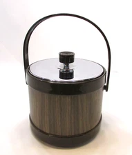 Old 1970's ATAPCO Silver Chrome Brown Wood Grain Plastic Vintage Ice Bucket Pail