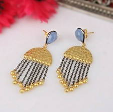 Blue Chalcedony Chandelier Earrings In Gold Black Tone Gemstone Dangle Earring