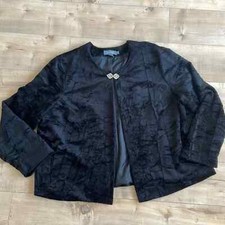 Koret Black Jacquard Cardigan Jacket Beautiful Rhinestone Pin Sz 18w